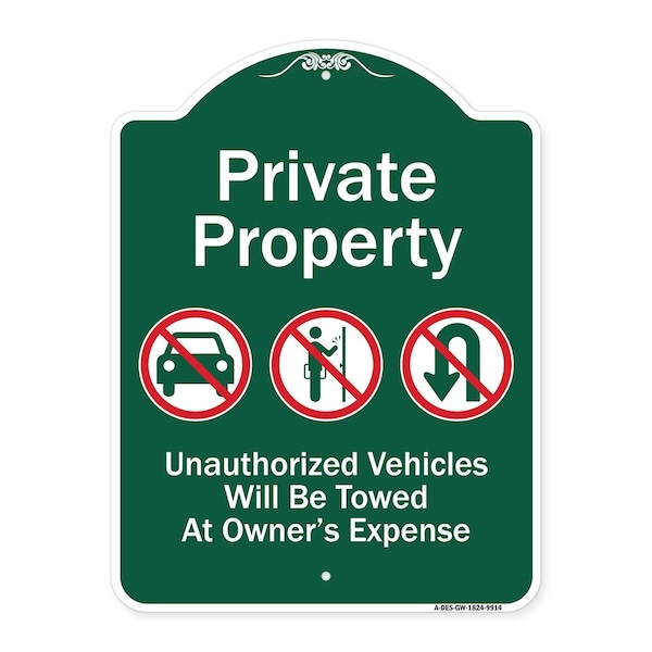 Signmission Private Property Unauthorized Vehicles Towed No Cars No Solicitors No Turn Around Sym, GW-1824-9914 A-DES-GW-1824-9914 - main